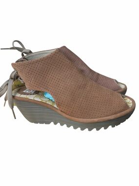 Fly London Tan Brown Perforated Wedge Sandals